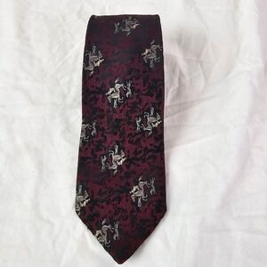 Alan Flusser Mens Silk Tie Burgundy Black Equestrian Horse Fox Hunt Hand Made